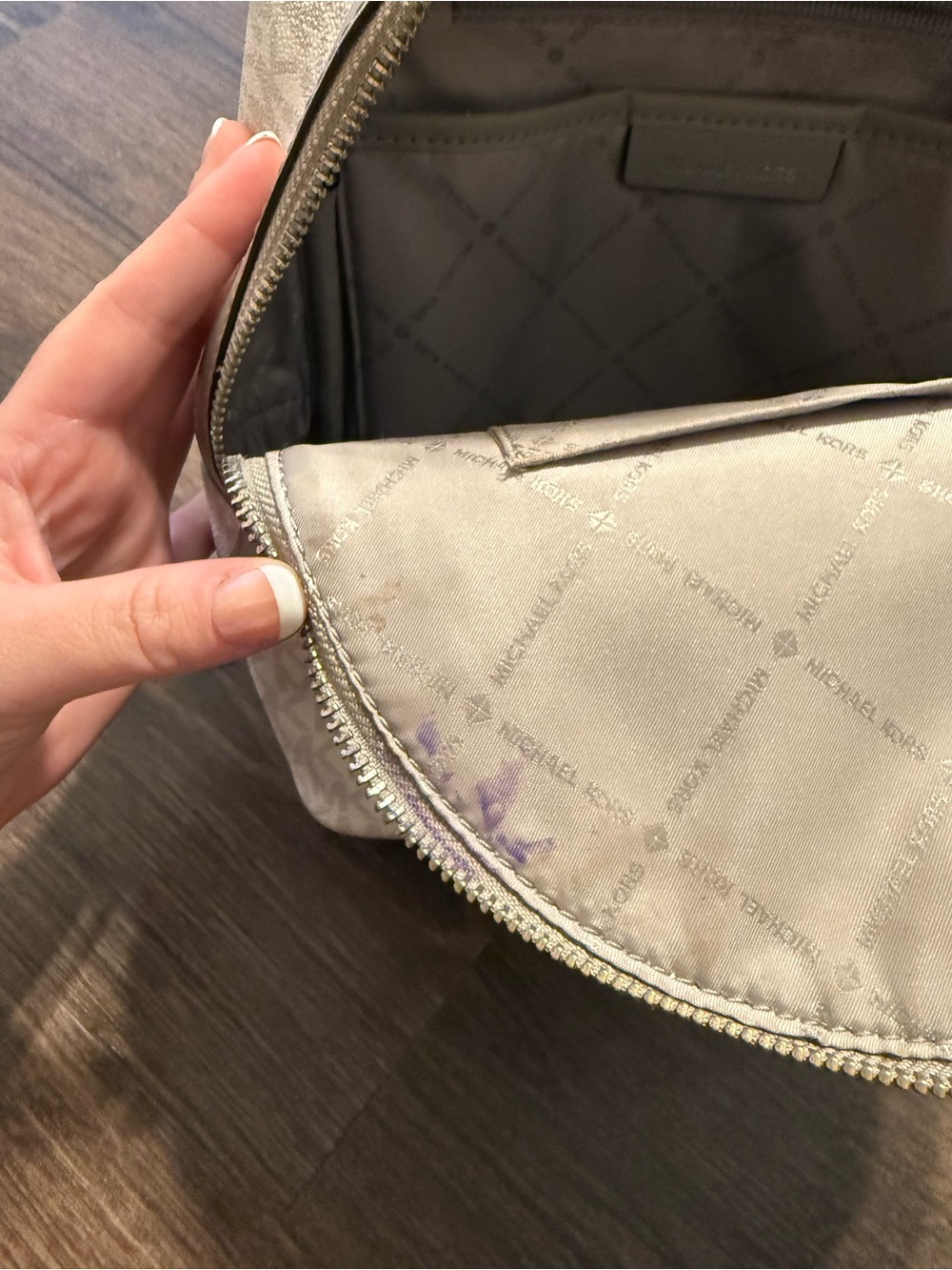 Michael Kors White and Taupe Logo Dome Crossbody Backpack - Picture 5 of 12
